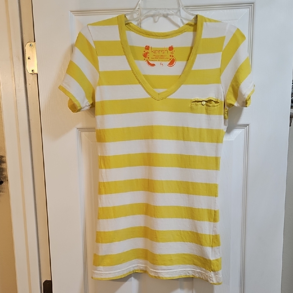 Kersh Yellow and White Striped V-Neck Tee